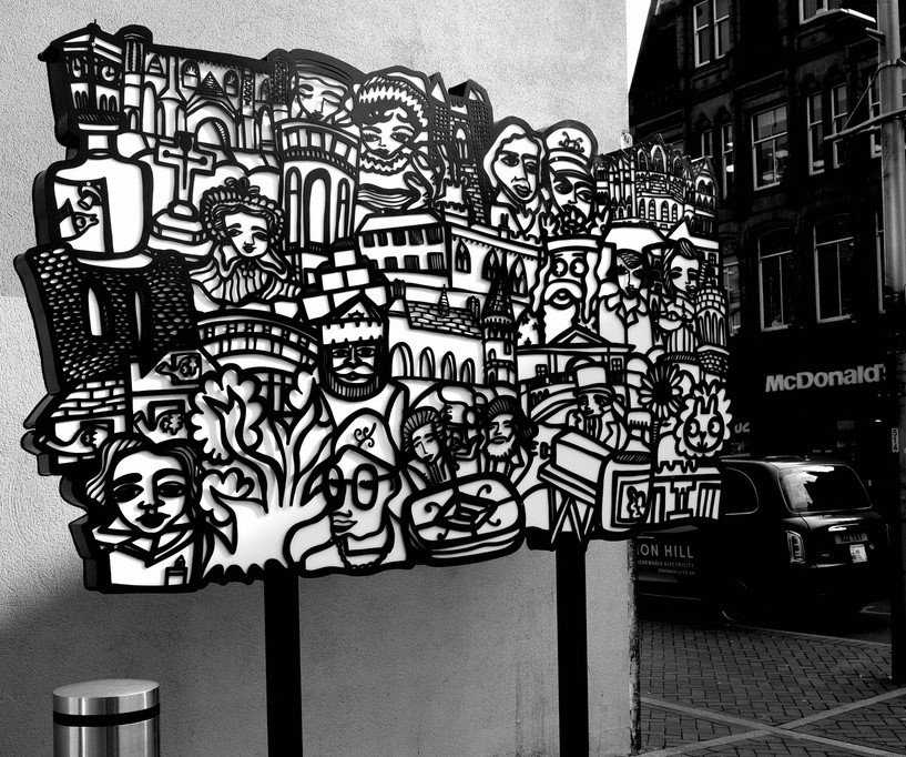 Friar's Walk LED mural art in black and white